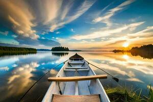 uma barco em a água às pôr do sol. gerado por IA foto