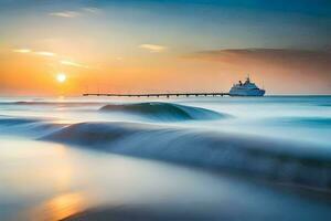 uma barco é Navegando em a oceano às pôr do sol. gerado por IA foto