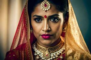uma lindo indiano noiva vestindo tradicional jóias. gerado por IA foto