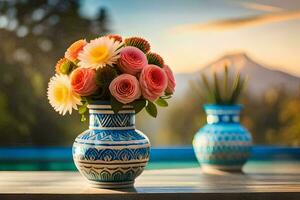 uma azul e branco vaso com flores em uma mesa. gerado por IA foto