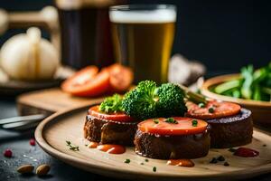 Comida em uma de madeira prato com Cerveja e legumes. gerado por IA foto