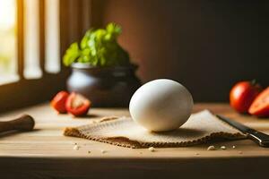 a ovo sentado em uma de madeira mesa com tomates e uma faca. gerado por IA foto