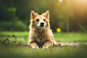 uma cachorro sentado dentro a grama. gerado por IA foto