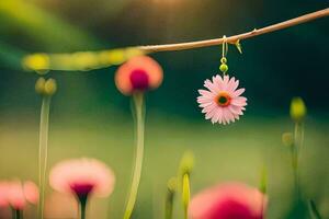 uma Rosa flor suspensão a partir de uma ramo dentro uma campo. gerado por IA foto