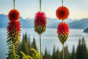 colorida flores suspensão a partir de uma árvore perto uma lago. gerado por IA foto