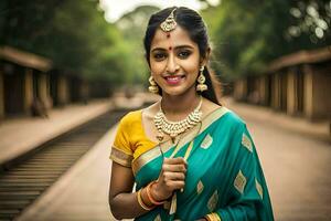 uma lindo jovem mulher dentro uma sari poses para uma foto. gerado por IA foto