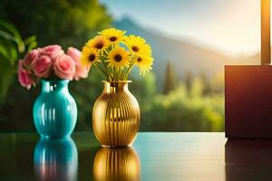 dois vasos com flores em uma mesa. gerado por IA foto