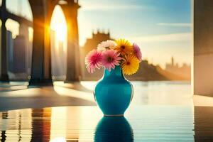 uma vaso com flores em uma mesa dentro frente do uma cidade. gerado por IA foto