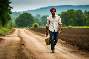 uma homem com uma turbante caminhando baixa uma sujeira estrada. gerado por IA foto