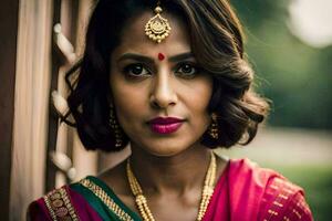 uma mulher dentro uma sari com ouro joia. gerado por IA foto