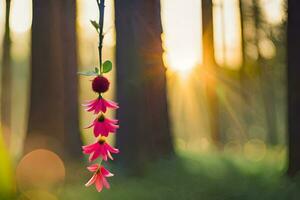 uma Rosa flor suspensão a partir de uma árvore dentro a floresta. gerado por IA foto