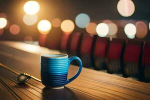 uma café copo e colher em uma de madeira mesa. gerado por IA foto