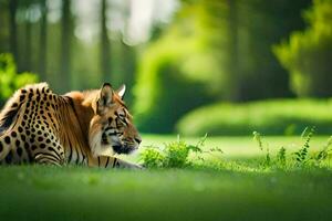 uma tigre deitado dentro a Relva dentro a floresta. gerado por IA foto