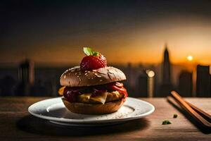 uma Hamburger com morangos e uma cereja em topo. gerado por IA foto