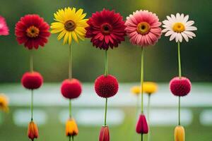 uma linha do colorida flores dentro uma campo. gerado por IA foto