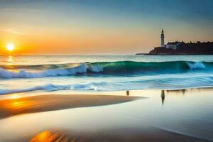 a Sol conjuntos sobre a oceano e ondas às a de praia. gerado por IA foto