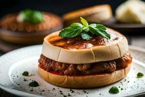 uma sanduíche com carne e molho em uma branco placa. gerado por IA foto