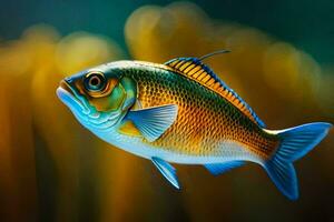 uma peixe com azul e amarelo listras é natação. gerado por IA foto