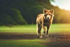uma Lobo caminhando em uma sujeira estrada dentro a meio do uma campo. gerado por IA foto