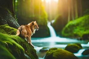 uma Lobo é em pé em uma Rocha dentro frente do uma cascata. gerado por IA foto