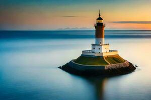 uma farol é visto dentro a meio do a oceano. gerado por IA foto