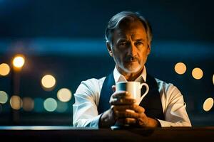 uma homem segurando uma café copo dentro frente do uma Sombrio fundo. gerado por IA foto