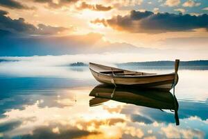 uma barco é flutuando em a água às pôr do sol. gerado por IA foto