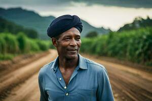 uma homem dentro uma turbante sorrisos enquanto em pé em uma sujeira estrada. gerado por IA foto