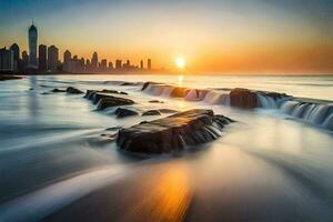 a Sol conjuntos sobre a cidade Horizonte dentro isto grandes exposição fotografia. gerado por IA foto