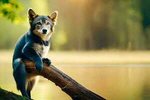 uma cachorro sentado em uma registro dentro frente do uma lago. gerado por IA foto