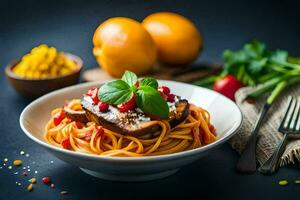 espaguete com tomate molho e legumes em uma Preto fundo. gerado por IA foto