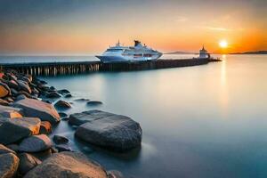 uma cruzeiro navio ancorado às a cais às pôr do sol. gerado por IA foto