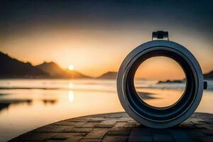 uma Câmera lente em a de praia às pôr do sol. gerado por IA foto