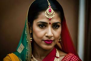 uma lindo indiano mulher vestindo uma vermelho e verde sári. gerado por IA foto