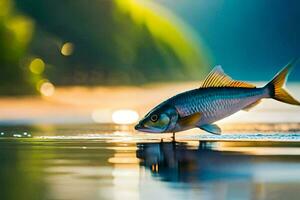 uma peixe é em pé em a água com Está rabo fora. gerado por IA foto