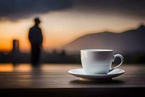 uma café copo e pires em uma mesa com uma silhueta do uma homem dentro a fundo. gerado por IA foto