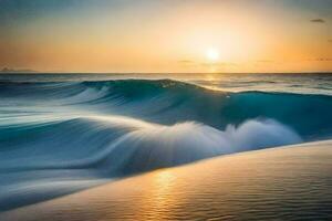 a Sol conjuntos sobre a oceano Como ondas batida para dentro a costa. gerado por IA foto