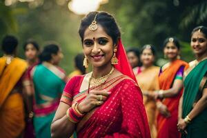uma mulher dentro uma sari poses para uma foto com de outros mulheres. gerado por IA