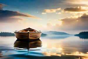 uma barco flutuando em uma lago às pôr do sol. gerado por IA foto