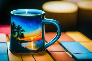 uma colorida caneca com uma pôr do sol cena em isto. gerado por IA foto