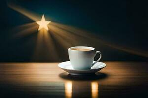 uma copo do café em uma de madeira mesa dentro frente do uma estrela. gerado por IA foto
