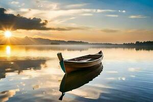 uma barco em a lago às pôr do sol. gerado por IA foto