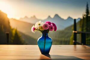 uma azul vaso com flores em uma de madeira mesa dentro frente do uma montanha. gerado por IA foto