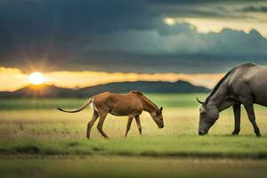 uma cavalo e uma potro pastar dentro uma campo. gerado por IA foto