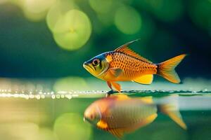 uma peixe é em pé em a água com Está reflexão. gerado por IA foto