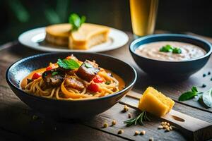 uma tigela do espaguete com carne e queijo em uma de madeira mesa. gerado por IA foto