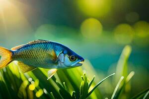 uma peixe é em pé dentro a Relva com luz solar brilhando em isto. gerado por IA foto