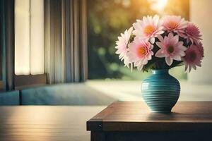 uma vaso do Rosa flores sentado em uma mesa dentro frente do uma janela. gerado por IA foto