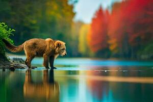 uma Castanho Urso em pé em a costa do uma rio. gerado por IA foto