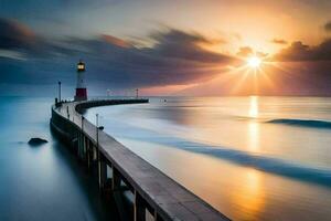 uma grandes exposição fotografia do uma farol às pôr do sol. gerado por IA foto